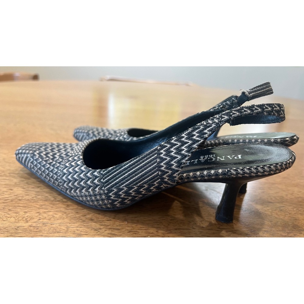 Pancaldi 1888 Womens 7B Black White Woven Geometric Slingback Kitten Heels Italy
